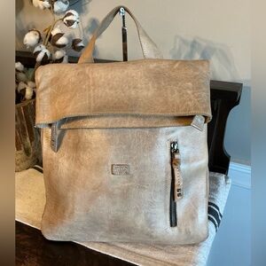 Bed Stu Leather Howie Flapover Leather Backpack Lt Gray Glove Brown Retail $365
